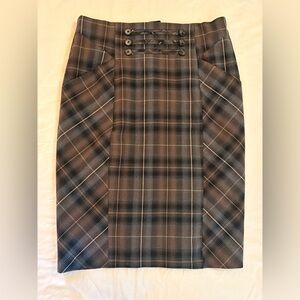 Katherine Barclay Plaid Pencil Skirt in Brown and Gray